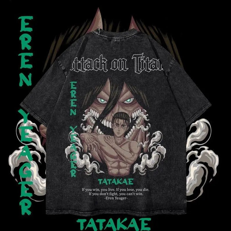 Eren Heavy Oversized Dyenomite Mineral Wash T-Shirt Unisex Attack on Titan Anime T-Shirt Streetwear & Gym Style Classic...