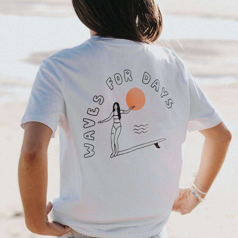 Ethically Made Oversized Surf T-Shirt: Waves for Days Screenprint Top | Eco-Friendly Screenprint, Women's Top Hoodie,...