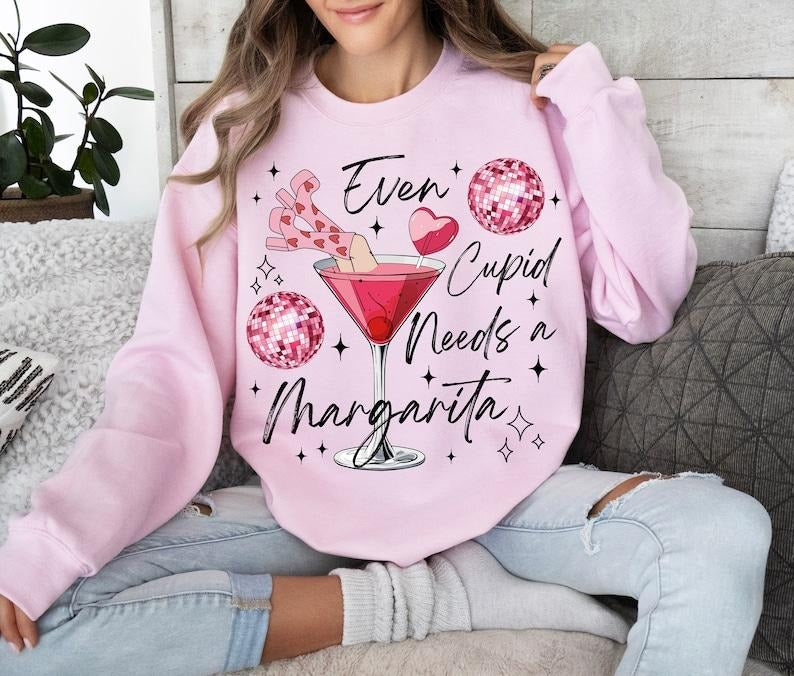 Even Cupid Need A Margarita Retro valentine Shirt, Trendy Valentine Sweatshirt, Disco Ball Shirt, Funny Vday Trending,...