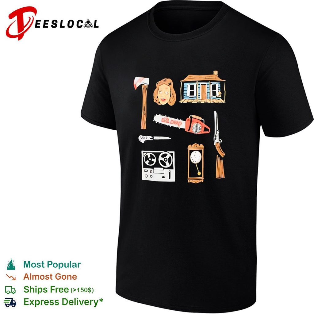 Evil Dead Horror Movie Icons Cabin Chainsaw Axe Tape Recorder Boomstick Shirt