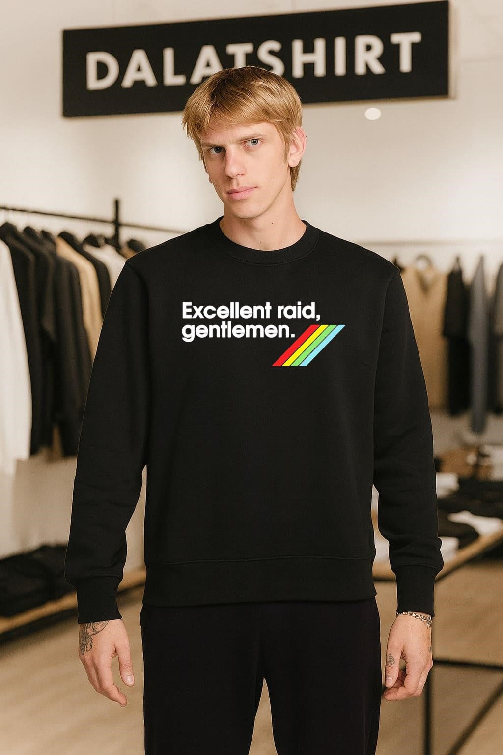 Excellent Raid Gentlemen Text with Retro Rainbow Stripes shirt