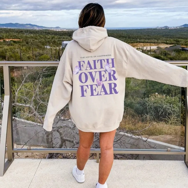 Faith Over Fear Christian Hoodie for Women Trendy Religious Streetwear Oversized Sweatshirt Bible Verse Aesthetic Y2K...