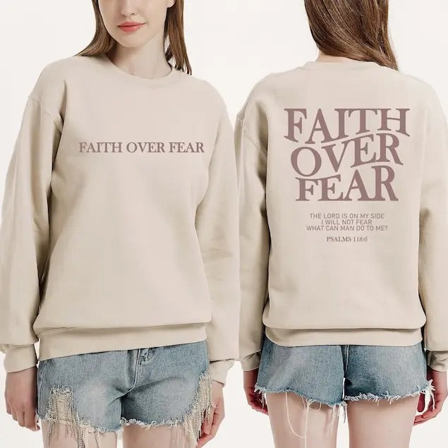 Faith Over Fear Christian Sweatshirt - Long Sleeve Cotton Sweatshirt with "FAITH OVER FEAR" Text & Denim Shorts - Trendy...