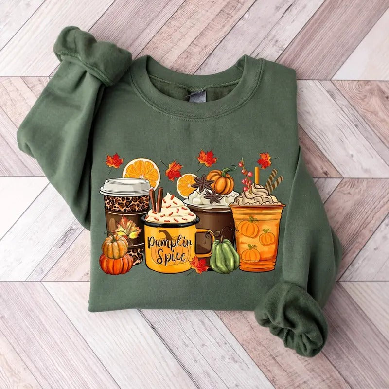 Fall Coffee Sweatshirt - Green Crewneck with Pumpkin Spice Coffee and Coffee Ice Cream Illustrations, Perfect for...
