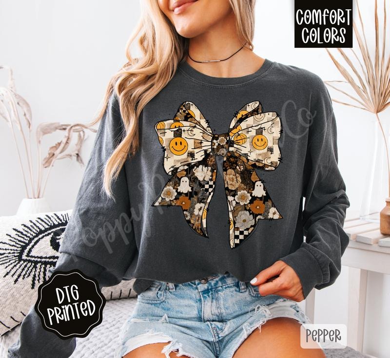 Fall Collage Bow Long Sleeve TShirt, Trendy Women's Autumn Tee Hoodie, Sweatshirt | TeeBloomCo.com