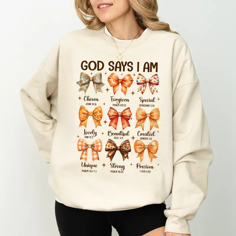 Fall Coquette Bow God Says I Am Sweatshirt, Vintage Christian Sweatshirt, Religious Crewneck, Autumn Coquette Bow...