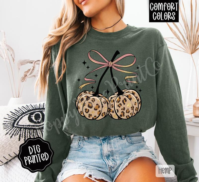 Fall Leopard Cherries Comfort Colors Long Sleeve T-Shirt, Cute Women's Autumn Tee Hoodie, Sweatshirt | TeeBloomCo.com