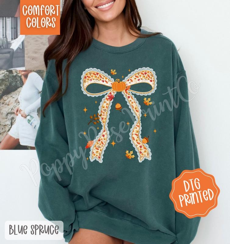 Fall Pumpkin Bow Comfort Colors Sweatshirt, Trendy Coquette Autumn Crewneck T-Shirts, Hoodie | TeeBloomCo.com