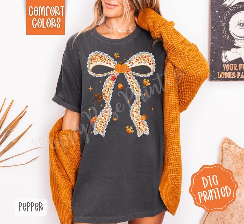 Fall Pumpkin Bow Shirt Comfort Colors, Trendy Coquette Autumn Tshirt Hoodie, Sweatshirt | TeeBloomCo.com