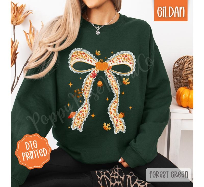 Fall Pumpkin Bow Sweatshirt, Trendy Coquette Autumn Crewneck T-Shirts, Hoodie | TeeBloomCo.com