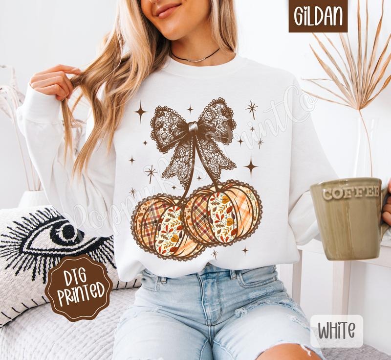 Fall Pumpkin Cherries Sweatshirt, Trendy Autumn Bow Crewneck T-Shirts, Hoodie | TeeBloomCo.com