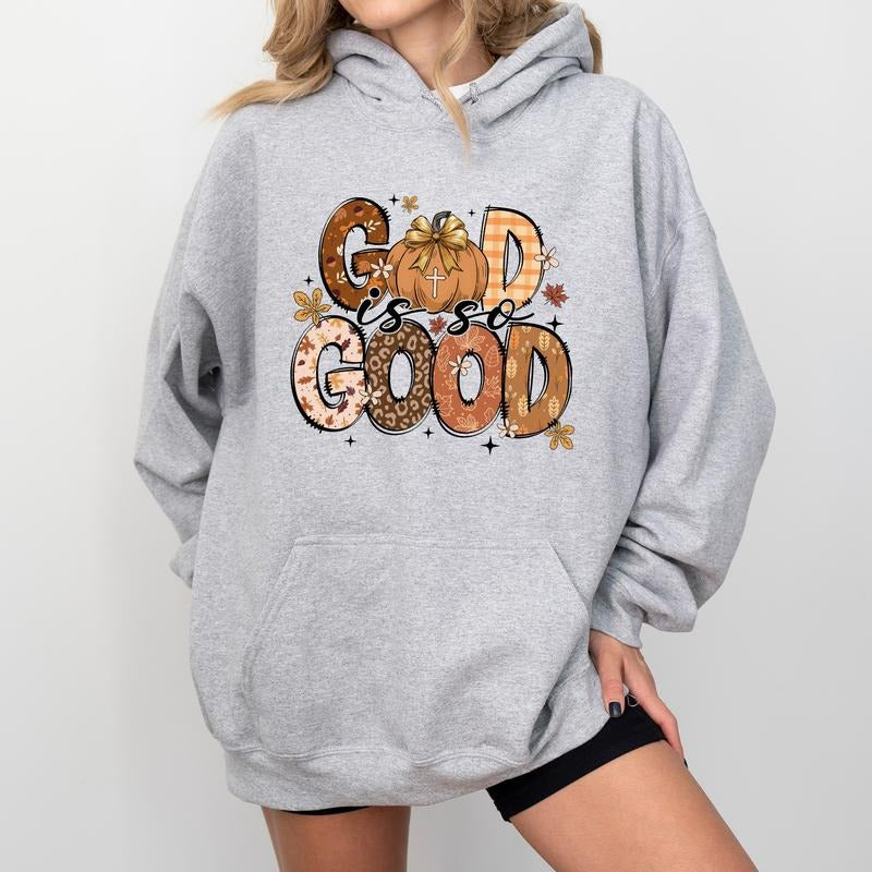 Fall Pumpkin God is So Good Hoodie, Vintage Autumn Christian Hoodies, Fall Vibes Hooded Sweatshirt for Women, Bible Verse...