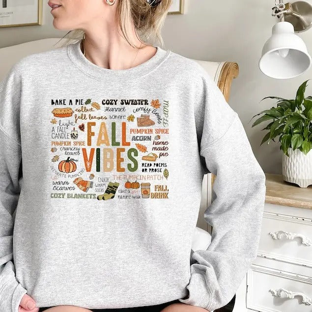 Fall Vibes Sweatshirt - Cozy Sweater with Pumpkin and Fall Vibes Design, Lightweight Cotton and Polyester Blend, Perfect...