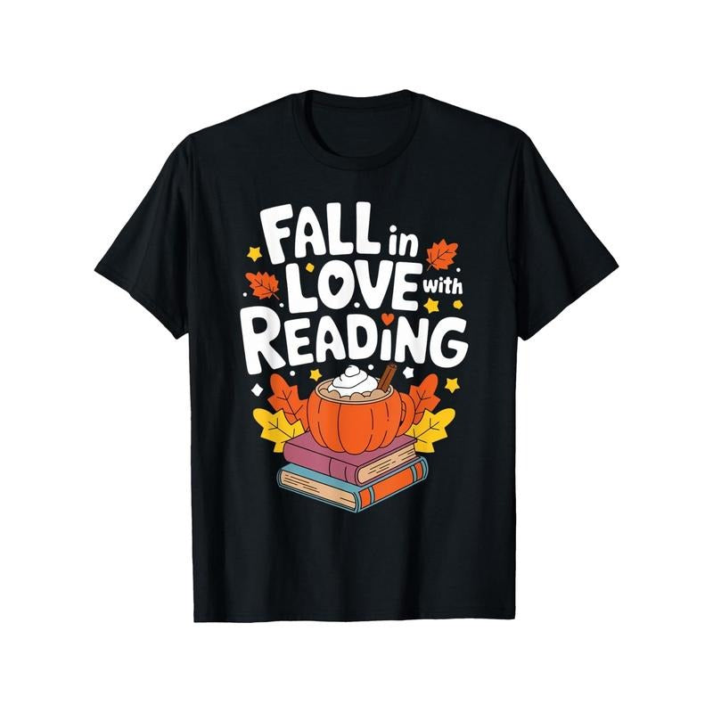 'Fall in Love with Reading' Pumpkin Graphic T-Shirt - 100% Cotton, Crew Neck, Short Sleeve, Casual Printed Tee for...