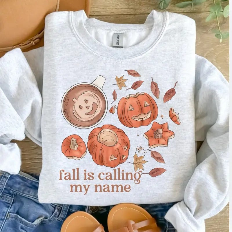 Fall is Calling My Name Sweatshirt - Ash Grey -  Sweatshirt T-Shirts, Hoodie | TeeBloomCo.com