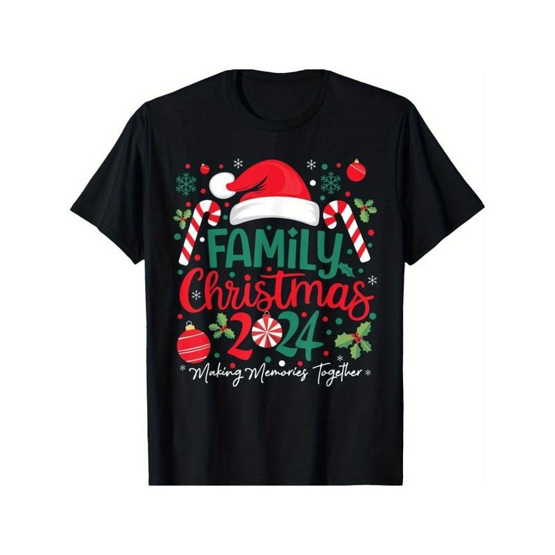 Family Christmas 2024 T-Shirt, Unisex Black Cotton Tee, Casual Round Neck, Soft Stretch Fabric, Festive Print, Perfect...
