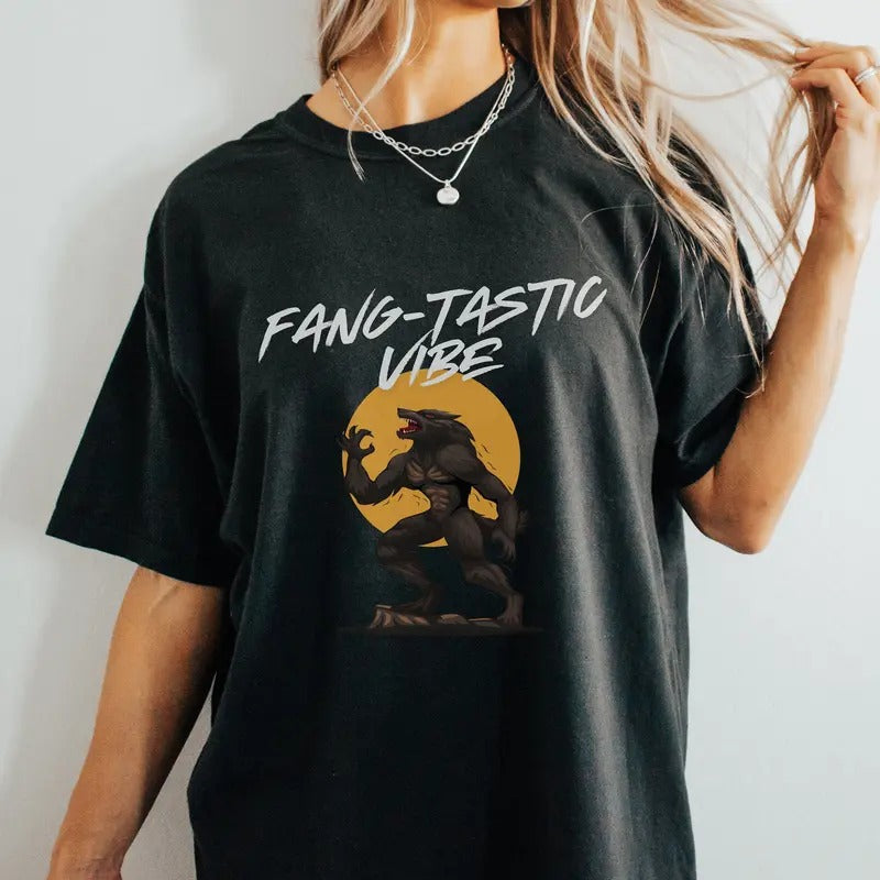 Fang-tastic Vibes Halloween Tshirt Funny Wearwolf Oversized Pump Cover For Gym Halloween Night Cool Halloween Fantastic...