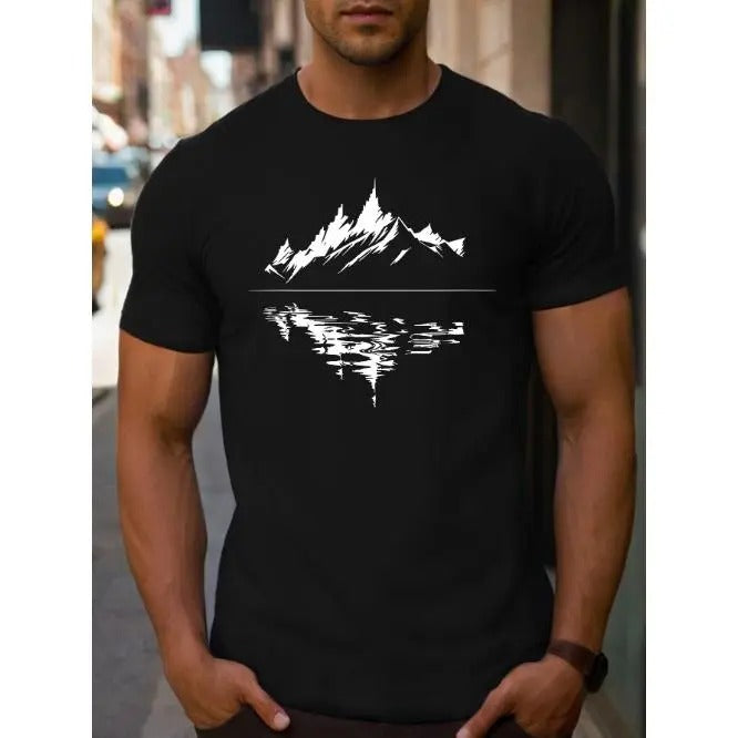 [Fast Arrival] Vibrant Landscape Reflection Print Tee - Men's Casual Short Sleeve Summer T-Shirt with Relaxed Fit and...