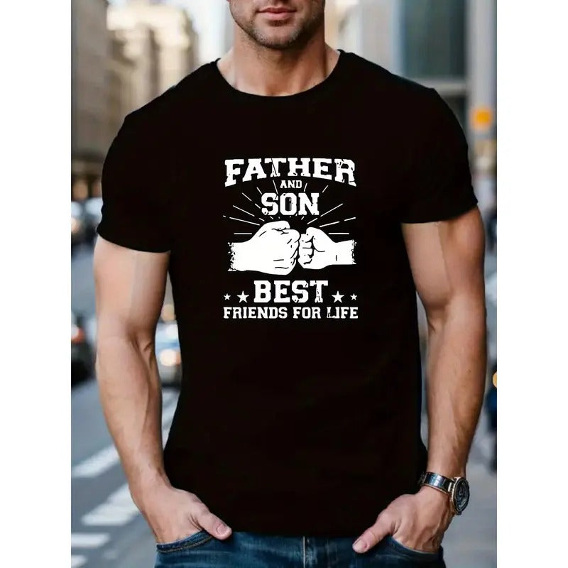 Father and Son Best Friends For Life Graphic T-Shirt, Casual Crew Neck Tee, Regular Fit Knit Fabric Top with Slight...