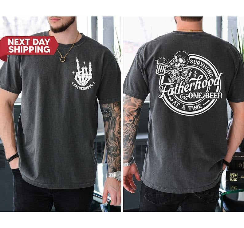 Fatherhood Front And Back Shirt, Surviving Fatherhood One Beer At A Time, Funny Father Tee, Drinking Husband, Fathers Day...