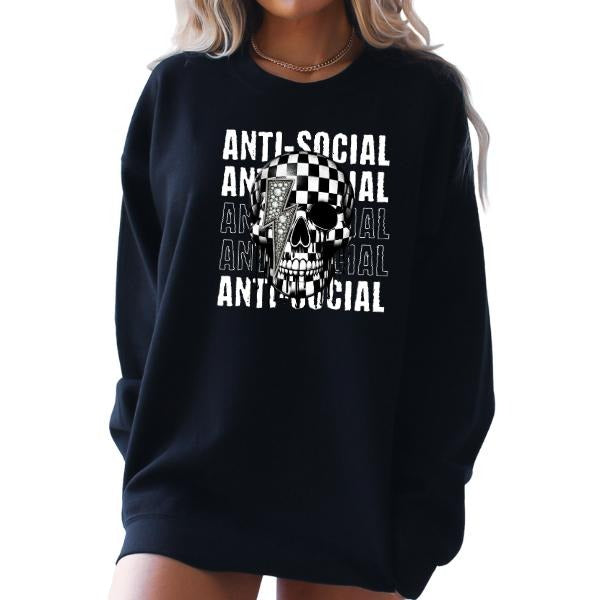 ANTISOCIAL Skull w/ Faux Rhinestone Lightning Bolt Graphic T-Shirt, Long Sleeve Crewneck or Hoodie, Grunge Alt Aesthetic...
