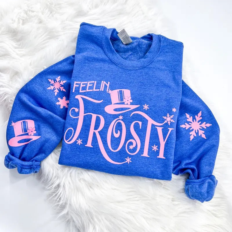 Feelin' Frosty Retro Christmas Sweatshirt or Hoodie with sleeve prints Comfy Unisex Tops T-Shirts | TeeBloomCo.com