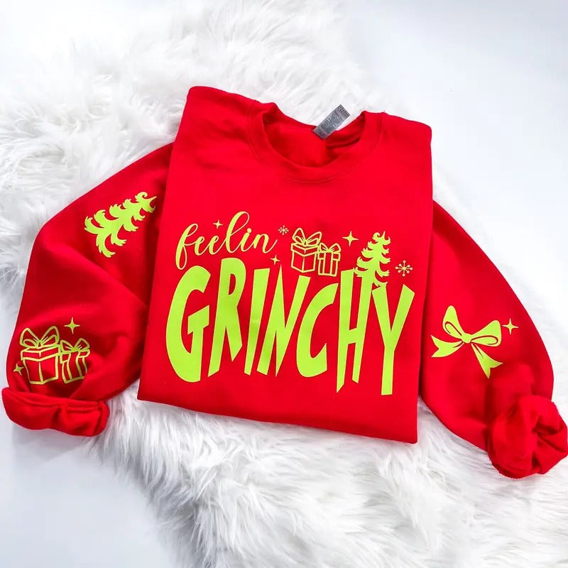 Feelin' Grinchy Retro Christmas Sweatshirt or Hoodie with sleeve prints Comfy Unisex Tops T-Shirts | TeeBloomCo.com