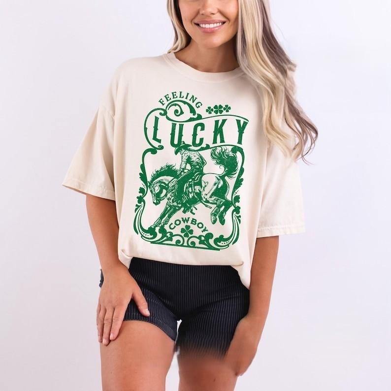 Feeling Lucky Cowboy Tshirt, Retro St Patty's Day, Vintage St Patricks Day T-Shirt, Day Drinking Shirt, Western, Shamrock...