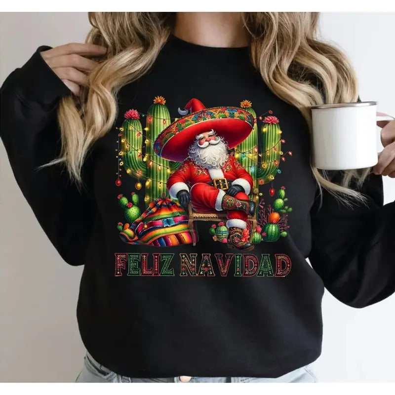 Feliz Navidad Santa With Cactus Sweatshirt, Mexican Christmas Hoodie, Merry Christmas , Tis The Season Mexican, Spanish...