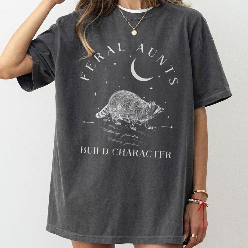 Feral Aunts Build Character Shirt, Raccoon Lover Aunt Shirt, Vintage Raccoon Art Crescent Moon Tee, Whimsigoth Aunty Tee,...