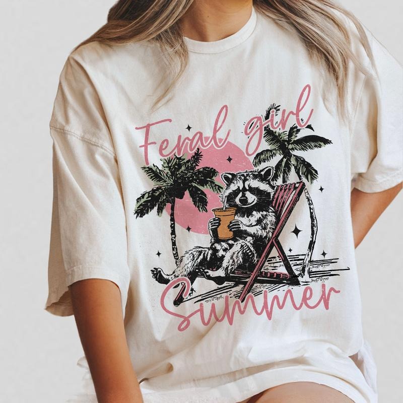 Feral Girl Summer Raccoon Shirt, Funny Meme Raccoon TShirt, Summer Shirt, Comfort Shirt for Women, Beach TShirt, Summer...
