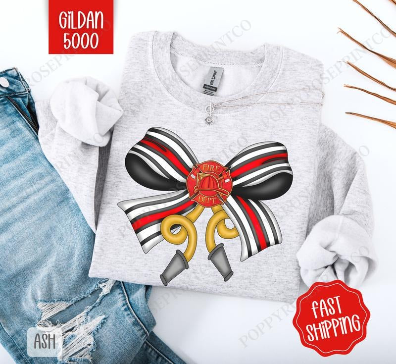 Firefighter Coquette Bow Sweatshirt, Bow Crewneck, Cute Women's Sweater T-Shirts, Hoodie | TeeBloomCo.com