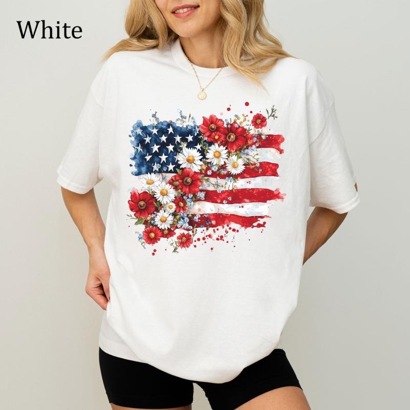 Floral American Flag T-Shirt, Coquette 4th of July Tee, USA Patriotic Shirt, Ultra Soft Cotton Tee, Everyday Casual Wear...