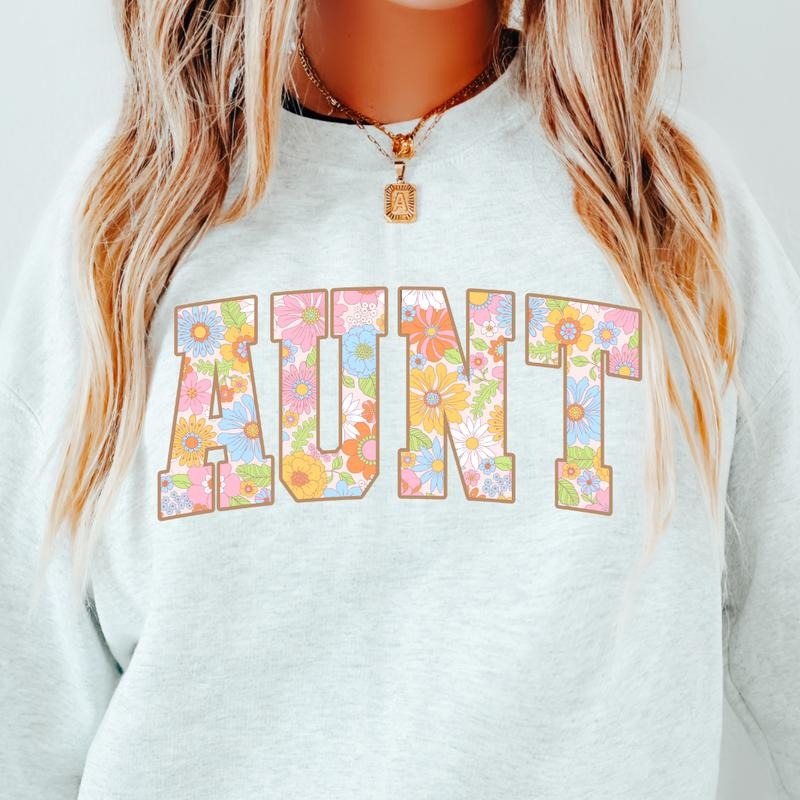 Floral Aunt Crewneck, Retro Cotton, Crewneck Fashion Fit Sleeve Comfortable Cute, CASUAL COTTON CREWNECK HOODIE, WOMENS...
