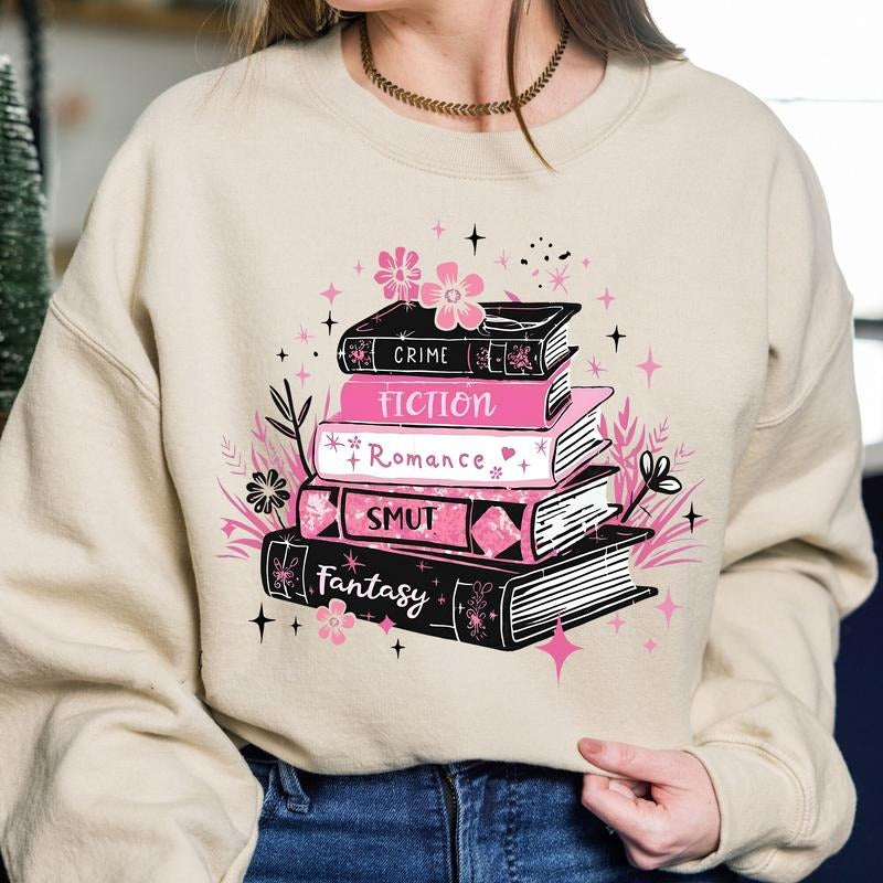 Floral Book Stack T-Shirt, Book Lover Sweatshirt, Retro Bookish Hoodie, Cute Reading Fantasy Romance Crime Smut Tee, Boho...