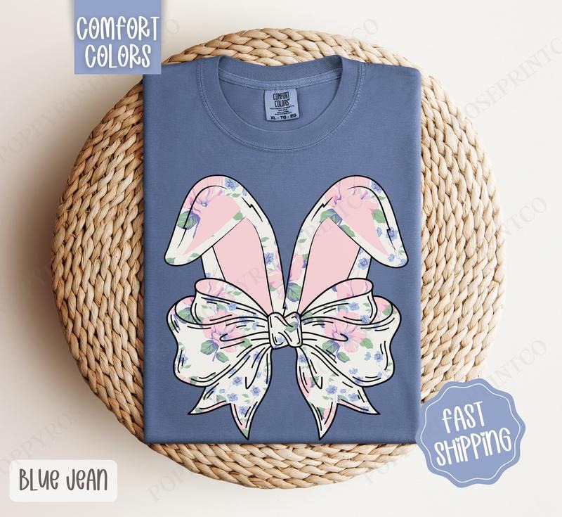 Floral Bunny Bow Shirt Comfort Colors, Easter Tshirt, Trendy Coquette Tee, Gift for Her Hoodie, Sweatshirt | TeeBloomCo.com