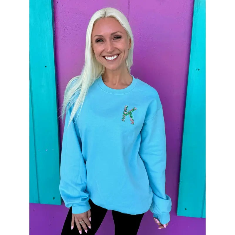Floral Embroidered Initial Sweatshirt (2XL-4XL) T-Shirts, Hoodie | TeeBloomCo.com