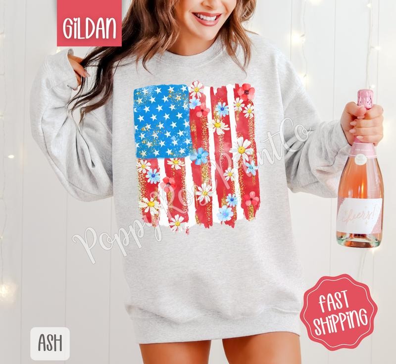 Floral Flag Sweatshirt, Cute Patriotic Sweater, Women's Crewneck, Gift for Her T-Shirts, Hoodie | TeeBloomCo.com