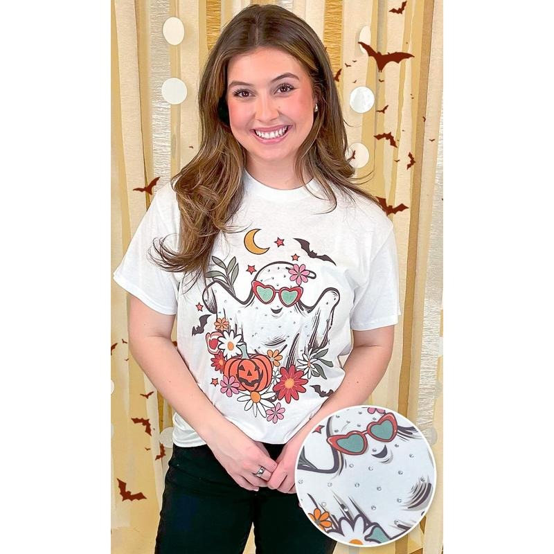 Floral Ghost Rhinestone Graphic Shirt Hoodie, Sweatshirt | TeeBloomCo.com
