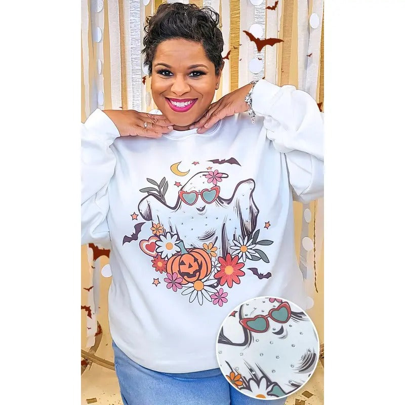 Floral Ghost Rhinestone Graphic Sweatshirt T-Shirts, Hoodie | TeeBloomCo.com