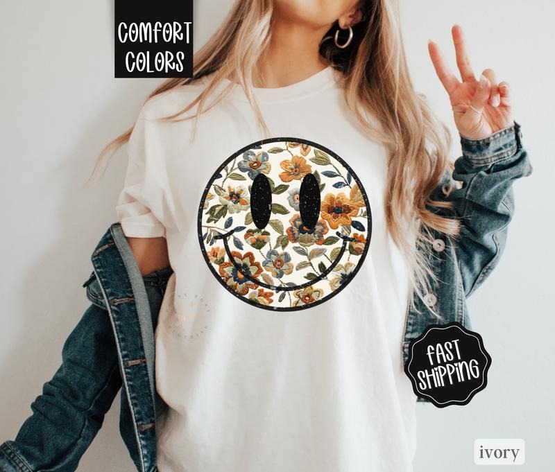Floral Happy Face Shirt Comfort Colors, Boho Floral Tshirt, Fall Floral Teestyle{n002}2 Hoodie, Sweatshirt | TeeBloomCo.com