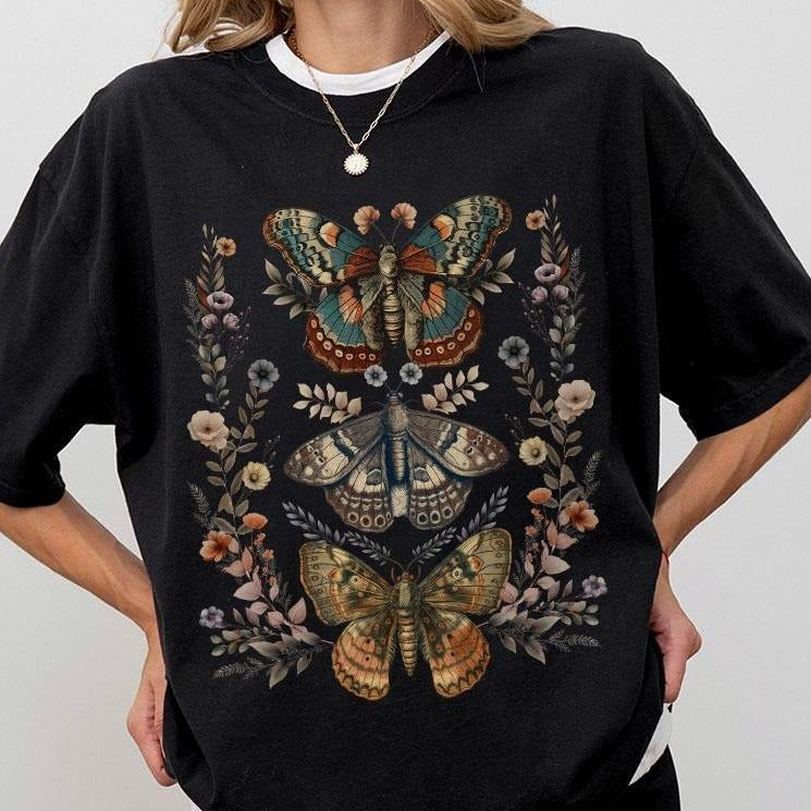 Floral Moth Shirt, Cottagecore T-shirt, Vintage Moth Shirt, Women Shirts, Gift For Her, Moth Gift, Floral Vintage Shirt,...