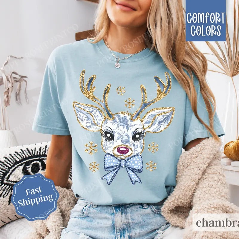 Floral Reindeer Christmas Shirt, Blue Floral Christmas Tee,  Womens Holiday Tshirt Hoodie, Sweatshirt | TeeBloomCo.com