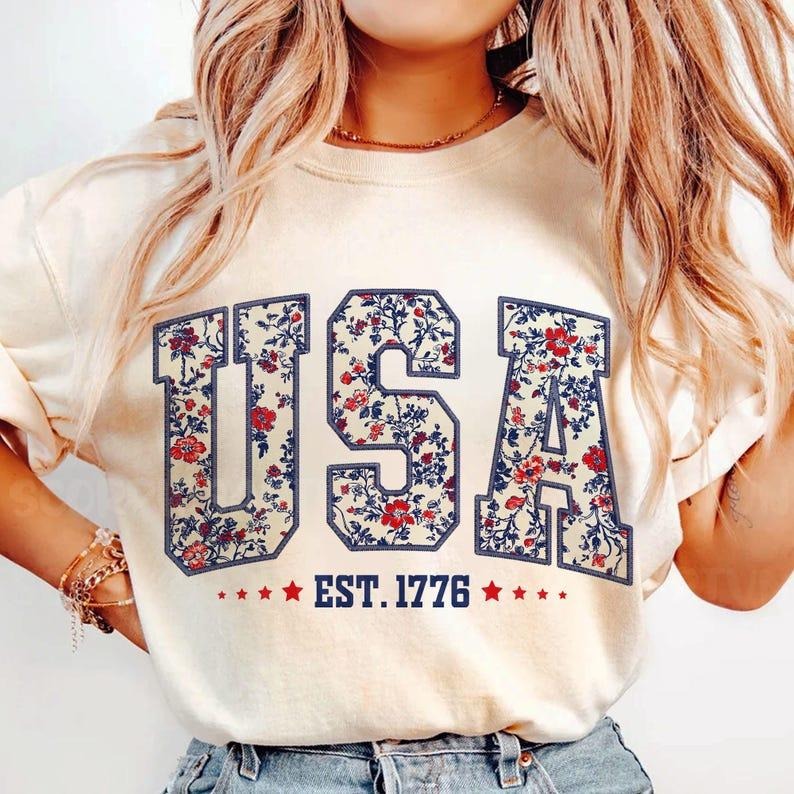 Floral USA tshirt, Retro America tshirt, 4th Of July tshirt, 4th Of July Sublimation Design, America Coquette sweatshirt,...