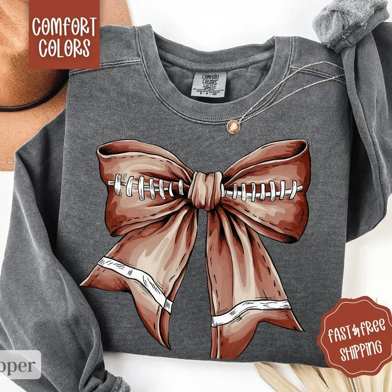 Football Bow Sweatshirt Comfort Colors, Game Day Crewneck, Fall Sweater Womenswear fall coquette T-Shirts, Hoodie