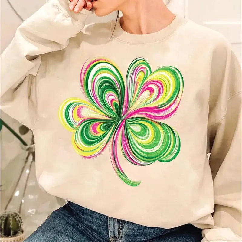 Four Leaf Clover Brushstroke Sweatshirt, St Patrick's Day Tee Shirt, Irish Shamrock Sweater, St Patty Day T-Shirt, Lucky...