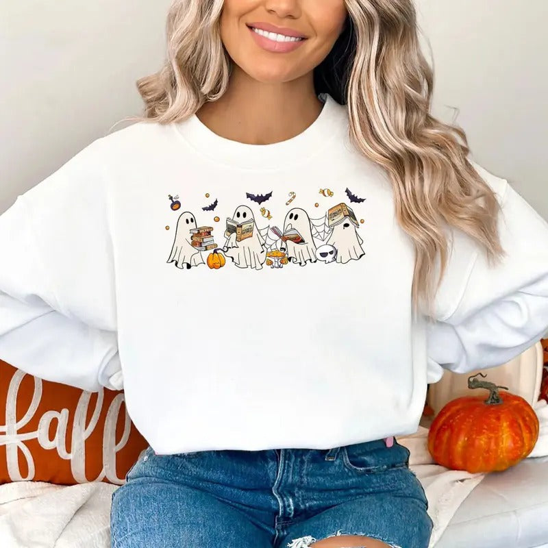 Fourth Wing Ghost Reading Sweatshirt, Basgiath War Ghost Halloween T-Shirt, Bookish Ghost Tee Shirt, Ghost Reading Fourth...
