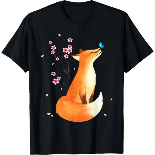 Fox Japanese Cherry Blossom Flower Vintage Gift T-Shirt Made in USA Hoodie, Sweatshirt | TeeBloomCo.com