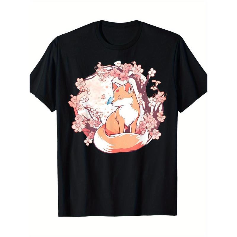 Fox Japanese Sakura Flower Butterfly Vintage 100% cotton T-shirt Made in USA Hoodie, Sweatshirt | TeeBloomCo.com