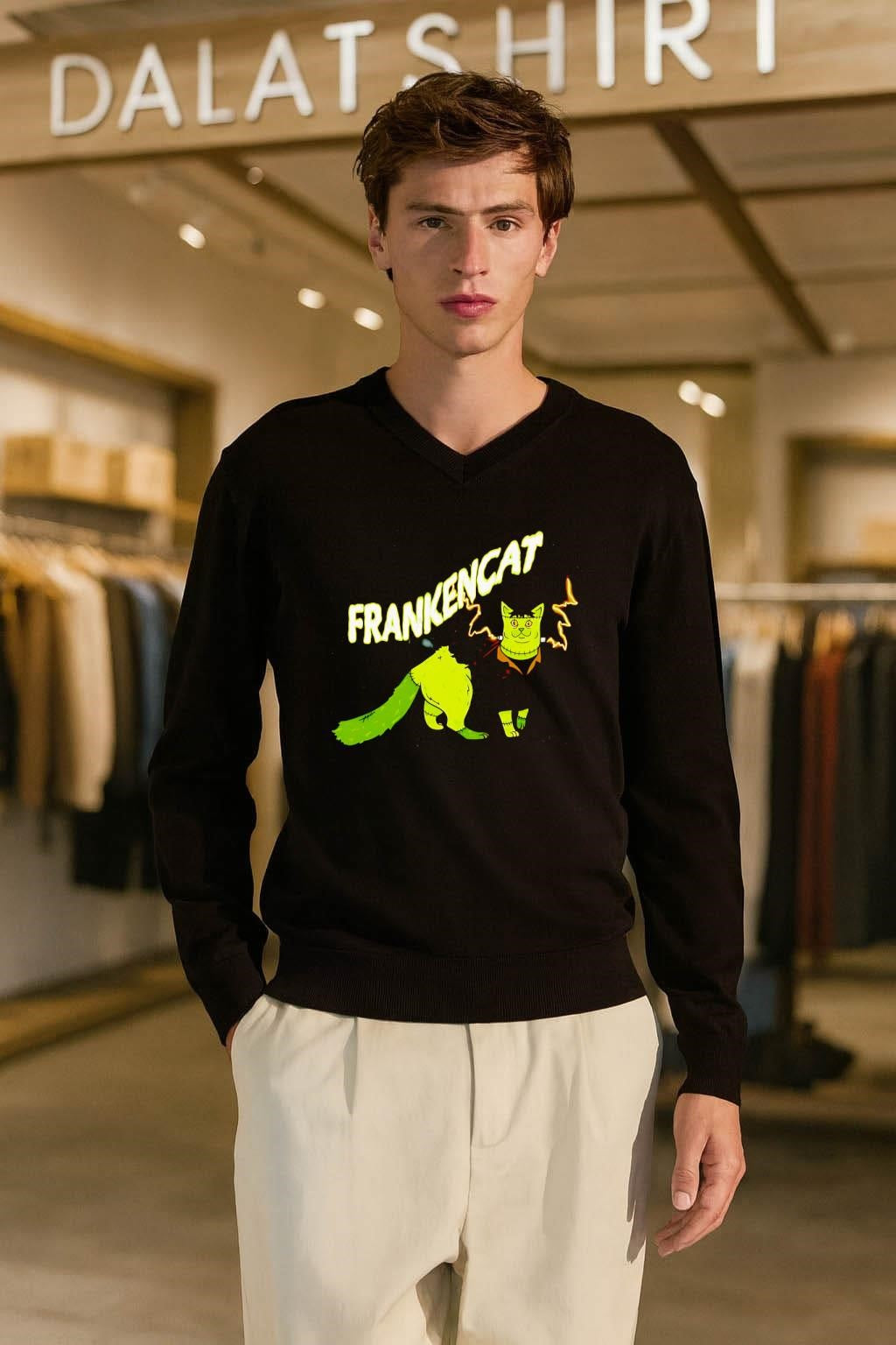 Frankencat Green Monster Halloween Cat Lightning Bolt Graphic shirt